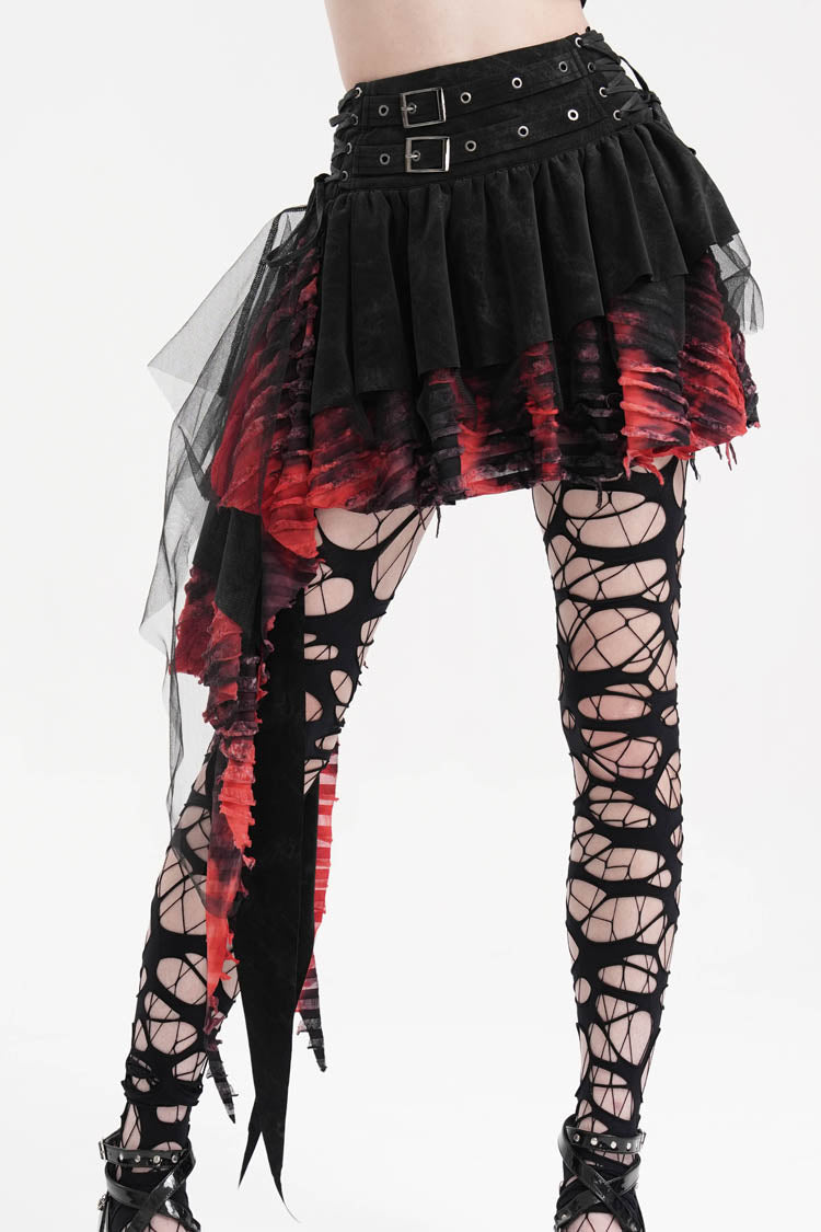 Black/Red Stitching Irregular Mesh Women's Gothic Skirt