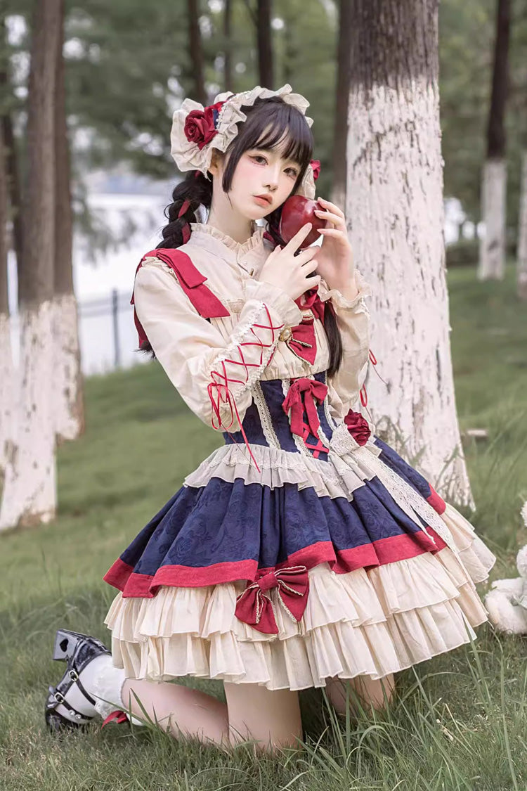 Snow White Multi-Color Triple-Layered Ruffle Bowknot Sweet Lolita Dress (Shirt Included)