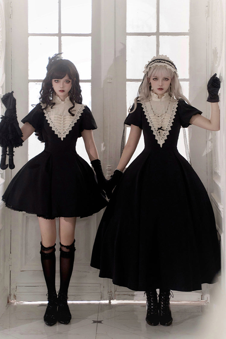 Schwarzes [Letters and Poems·Nocturne] Lange Ärmel Gothic Lolita Kurzes Nonnenkleid mit Rüschen