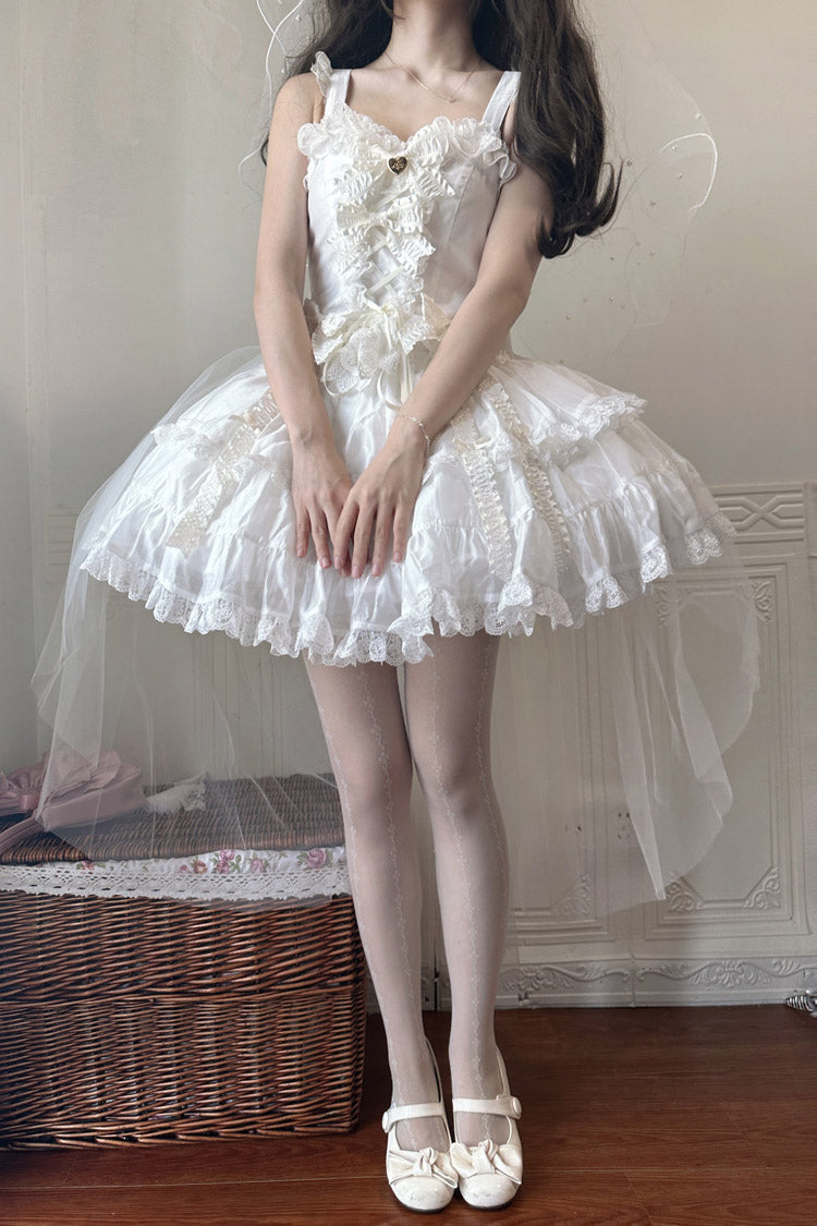 White [Sweetheart Splolita] Ruffle Bowknot Lace-Up Sweet Lolita Skirt Set