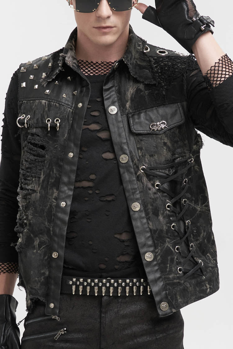 Black Loose Non-Stretch Tie-Dye Decadent Snatched Skull Sheep Head Decoration Men's Punk Vest