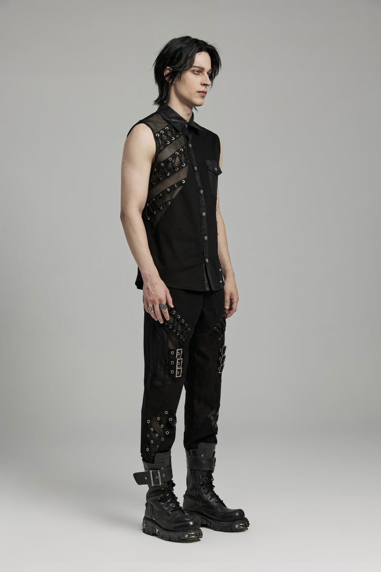 Black Hollow Stitching Lace-Up Mesh Men's Punk Vest