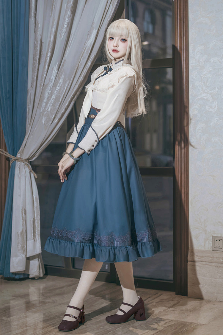 Blue Ruffle Embroidery Lace-Up Sweet College Style Elegant Lolita Skirt