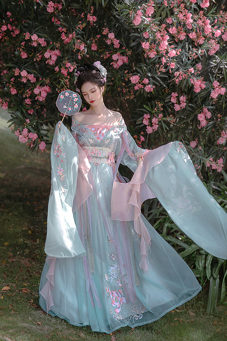 Wunderschöne Stickerei mit Perlen-Accessoires süßes Hanfu-Kleid für Damen, kompletter Satz in 3 Farben