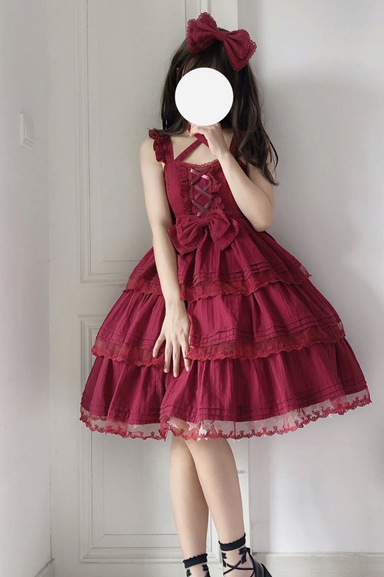 Rotes dreilagiges süßes Lolita-JSK-Kleid von First Love mit Rüschen, Schleife und Spitze