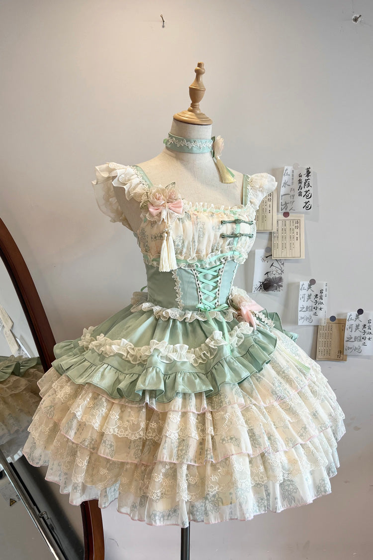 Ancient Poetry Print Multi-layer Ruffle Bowknot Lace Sweet Chinese Style Lolita Tiered Dress 2 Colors