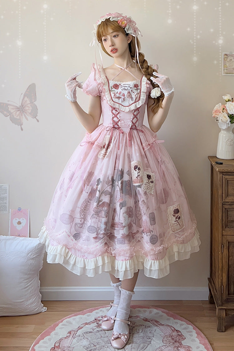 Pink Rabbit Print Square Collar Short Sleeves Ruffle Bowknot Lace Sweet Lolita Dress