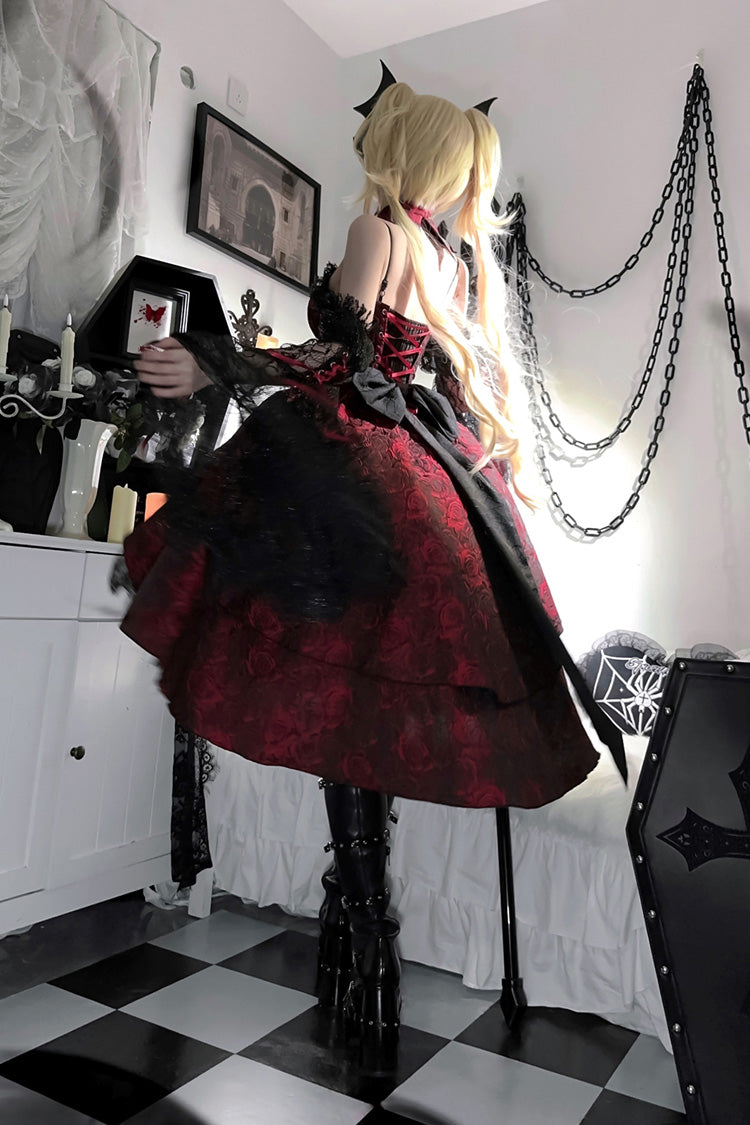 Black/Red [Weeping Rose] Jacquard Print Ruffle Cardigan Bowknot Lace-Up Gothic Lolita Dress