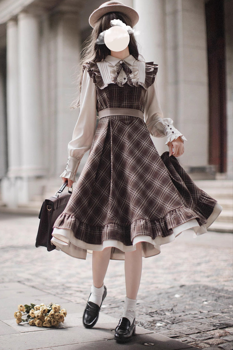 Brown [The Thames at Dusk] Print Ruffle Fake Two Pieces Vintage College Style Lolita Dress