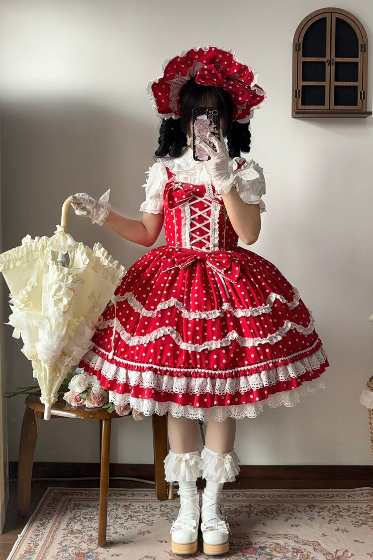 Red Polka Dots Print Ruffle Bowknot Lace-Up Sweet Lolita Dress