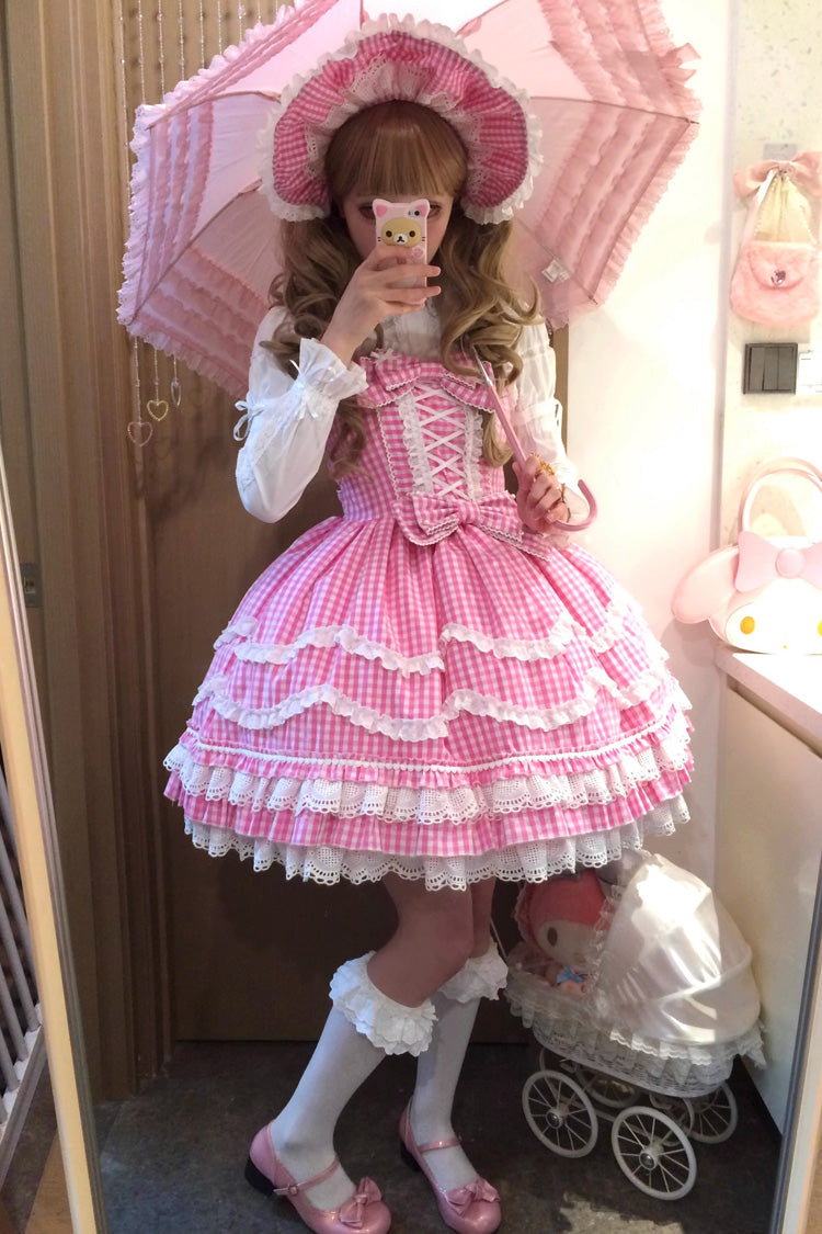 Pink Plaid Print Ruffle Bowknot Lace-Up Sweet Lolita Dress