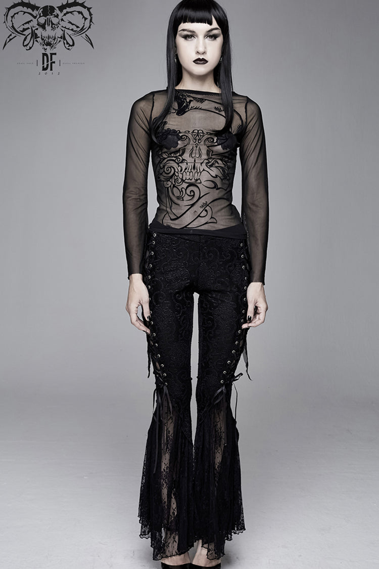 Black Mesh Horn Sleeve Snake Flocking Printed Women's Gothic Shirt