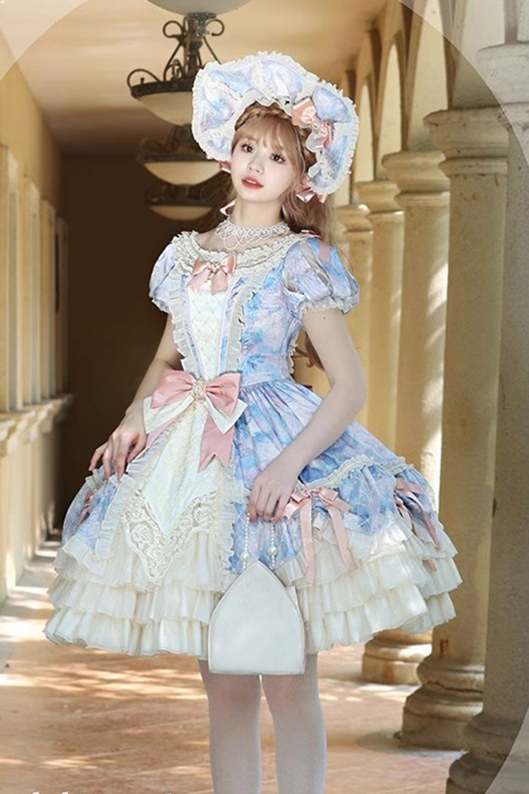 [Angel Heart Sky Oil Painting] Print Ruffle Cardigan Bowknot Sweet Princess Lolita Dress 3 Colors