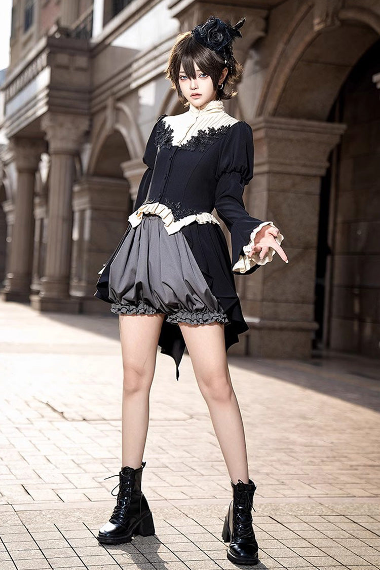 Black [Eternal Night Feast] Long Sleeves Gothic Prince Handsome Ouji Lolita Tailcoat Top and Shorts Set