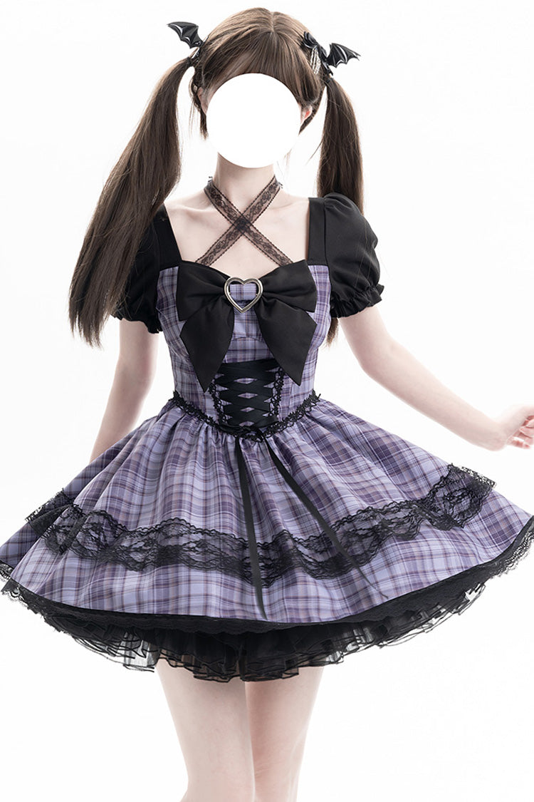 Lila [Witch Time] Süßes Lolita-Kleid mit kurzen Puffärmeln, Karomuster und Schleife