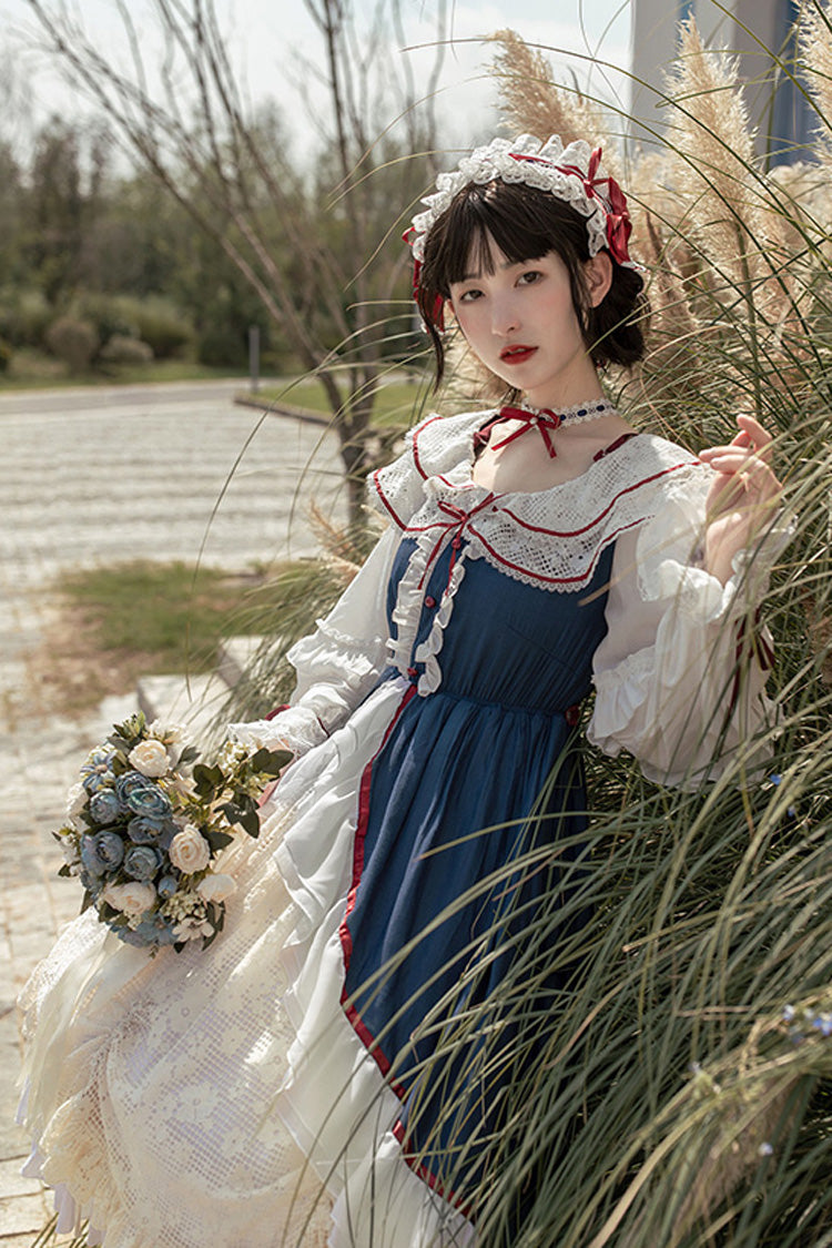 Blau/weißes, langärmliges Cardigan-Kleid mit Schleife und süßem Lolita-Kleid