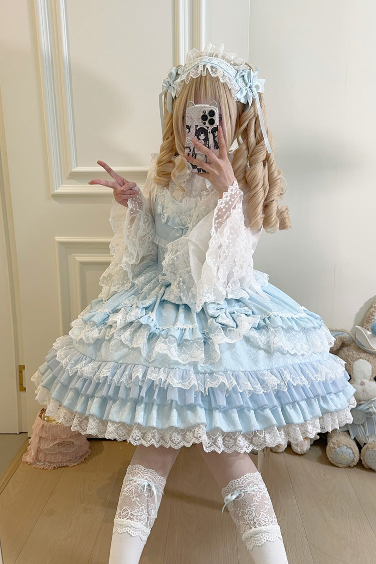 Blue Multi-Layered Ruffle Bowknot Stitching Lace Sweet Lolita Jsk Dress