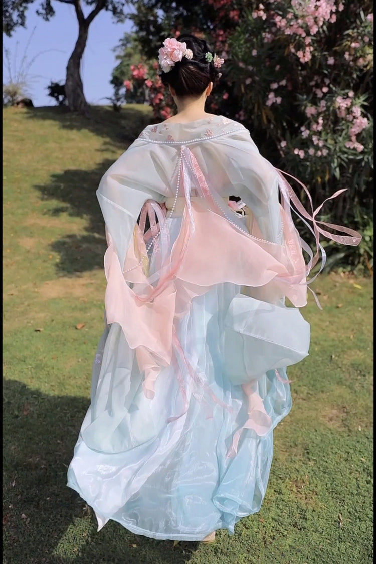 Wunderschöne Stickerei mit Perlen-Accessoires süßes Hanfu-Kleid für Damen, kompletter Satz in 3 Farben