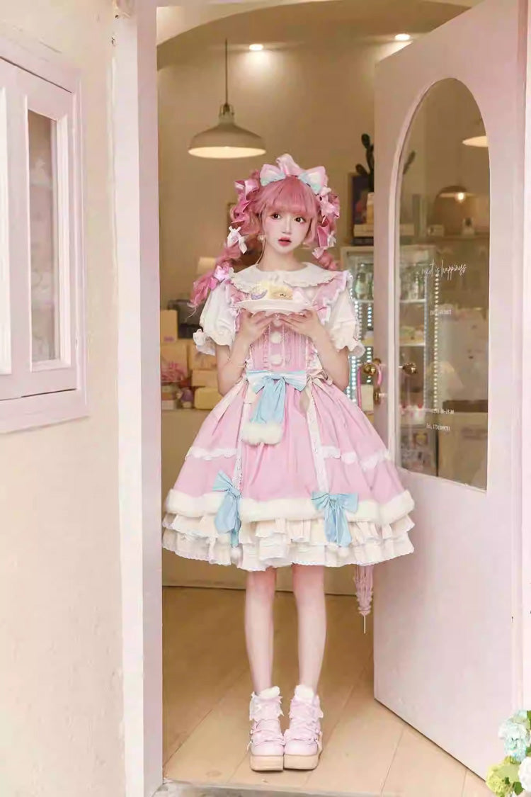 Weiß/Rosa Little Fox mehrlagiges süßes Lolita-Kleid mit Rüschen und Schleife und langen Ärmeln