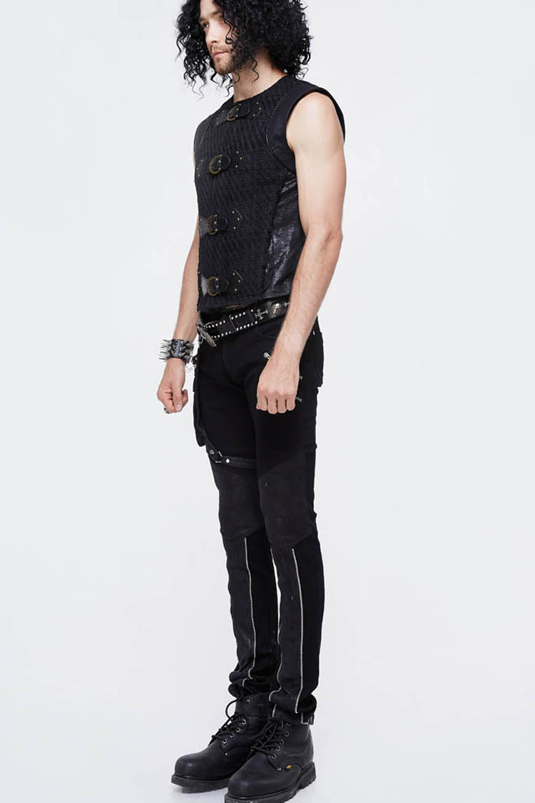 Black Coarse Texture Woolen Patchwork Heat Seal Backing Leather Loop Rough Selvage Men's Punk Waistcoat