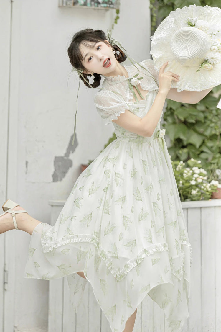 Lily of the Valley Spring Short Sleeves Jacquard Print Bowknot Irregular Sweet Lolita Jsk Dress