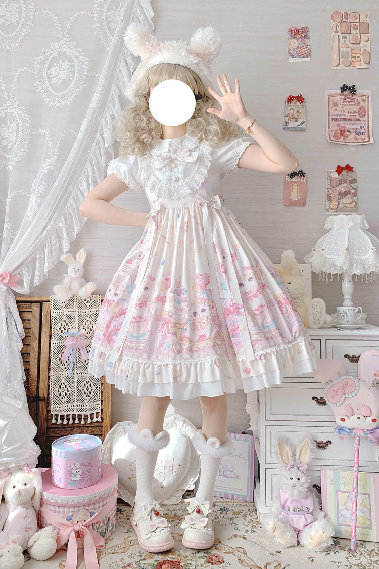 Elfenbeinfarbenes süßes Lolita JSK-Kleid mit Katzen-Print und hoher Taille, Rüschen und Schleife