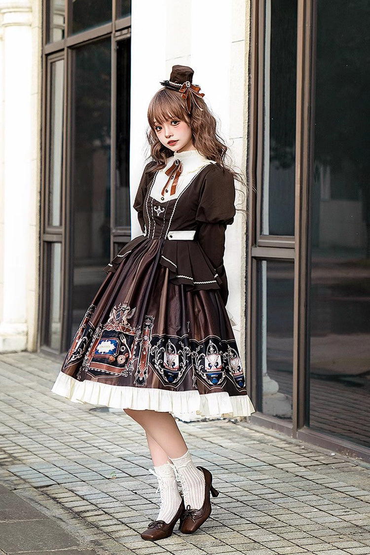 Chocolate Academy Long Sleeves Print Ruffle Vintage College Style Elegant Lolita Dress 2 Colors (Includes petticoat)