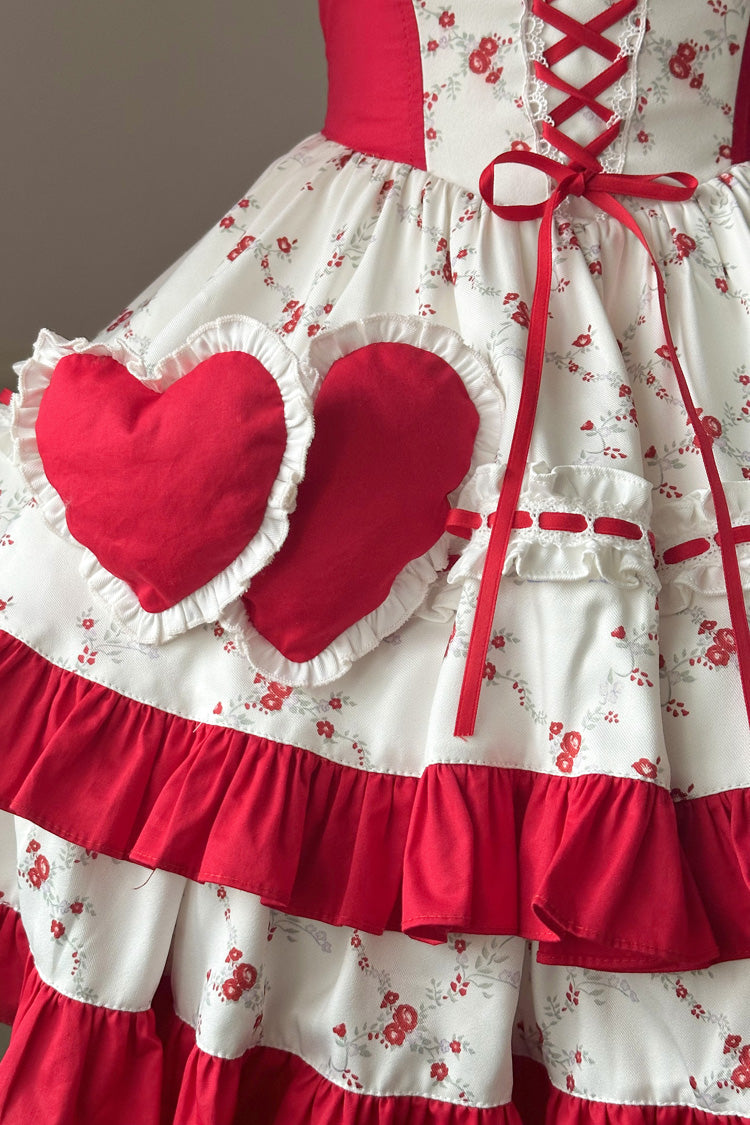 Red Double-Layered Floral Print Ruffle Bowknot Sweet Lolita Dress