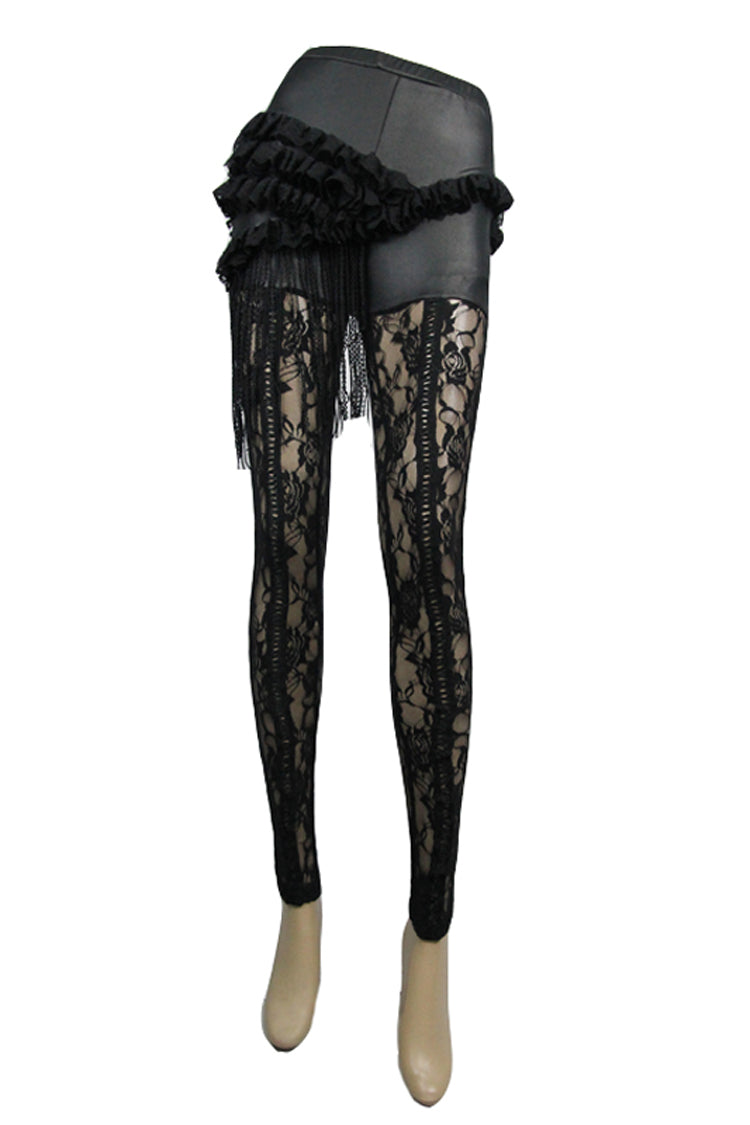 Black Knitted Base Cloth Rose Flower Net Material Asymmetric Lace Hip Transparent Women's Gothic Leggings