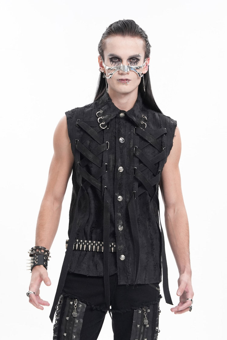 Black Lapel Collar Sleeveless Lace-Up Ripped Ring Men's Gothic Vest