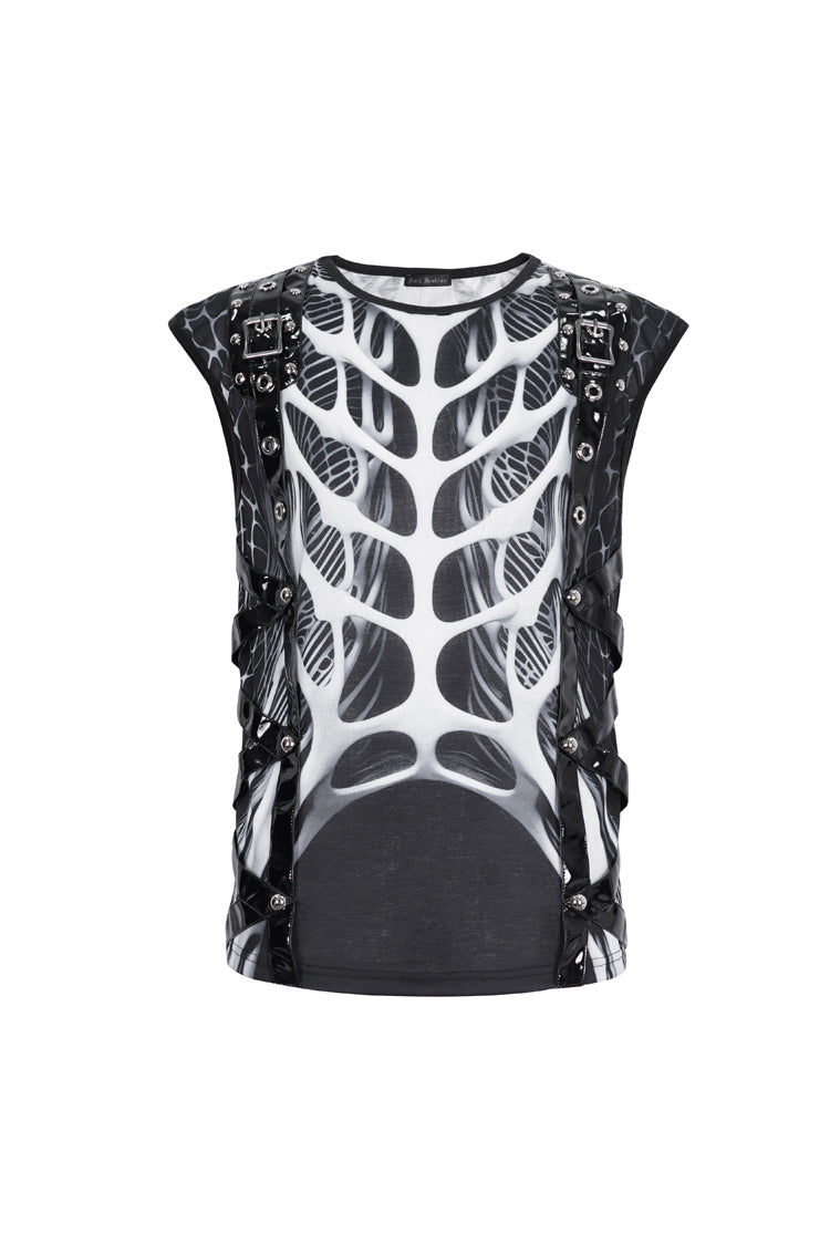 Black/White Round Collar Print Hollow Men's Punk Vest