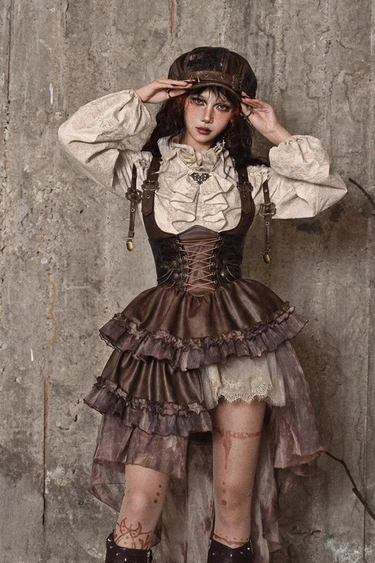 Brown Chest Straps Ruffle Irregular Detachable Tail Punk Lolita Dress