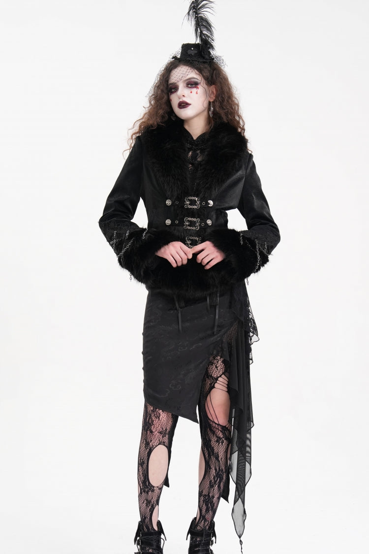 Black Faux Fur Bucket-up Chain Women's Gothic Jacket