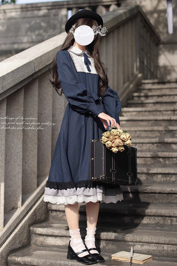 Dark Blue [Phyllis] Plaid Print Ruffle Bowknot Lace Vintage Elegant Lolita Dress