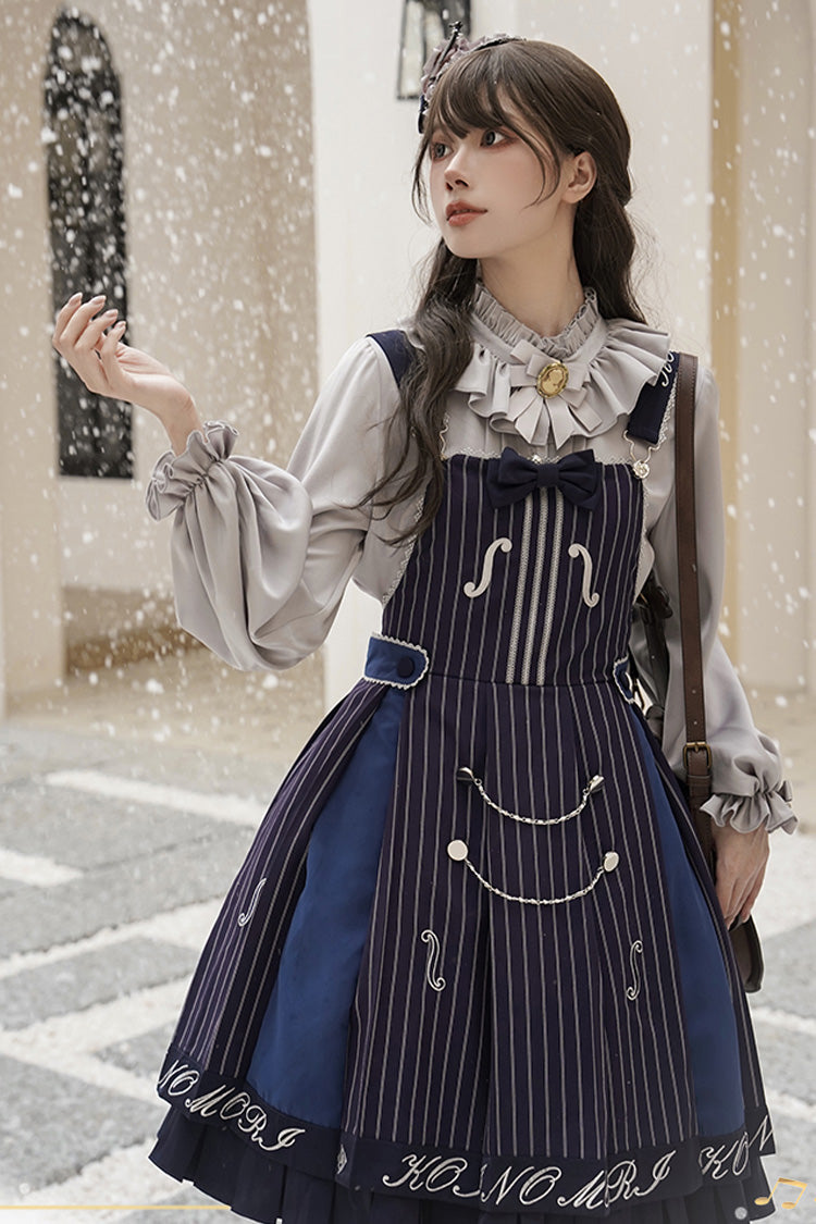 The Violin Embroidery Print Ruffle Bowknot Sweet College Style Lolita Strap Dress 2 Colors