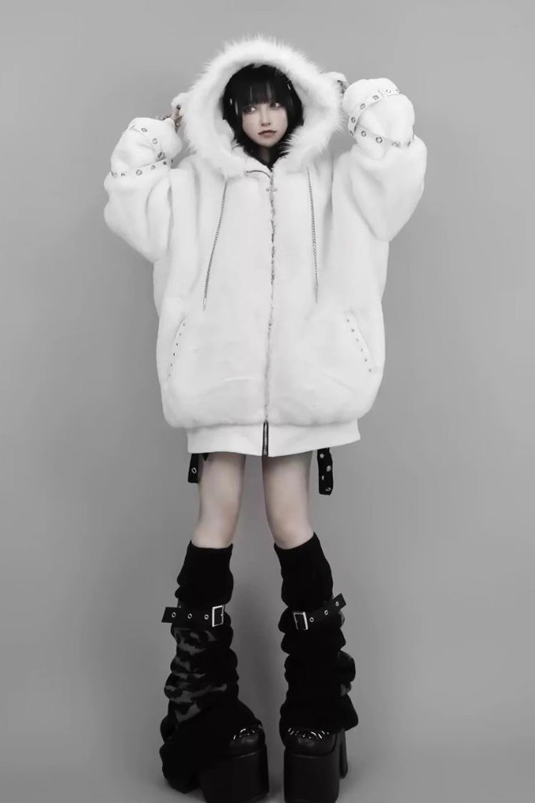 White Long Sleeves Lamb Ears Hooded Rivet Punk Japanese Jirai Kei Coat