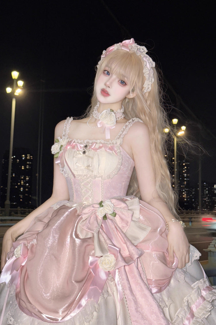 Apricot/Pink Multi-layer Ruffle Hanayome Bowknot Sweet Princess Gorgeous Long Lolita Jsk Dress