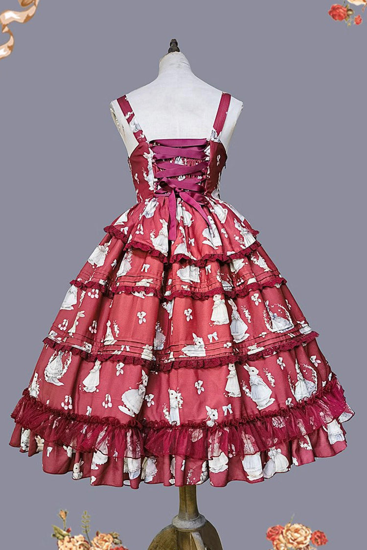 Miss Rabbit Dance Print Multi-layer Ruffle Sweet Elegant Lolita Jsk Dress 4 Colors