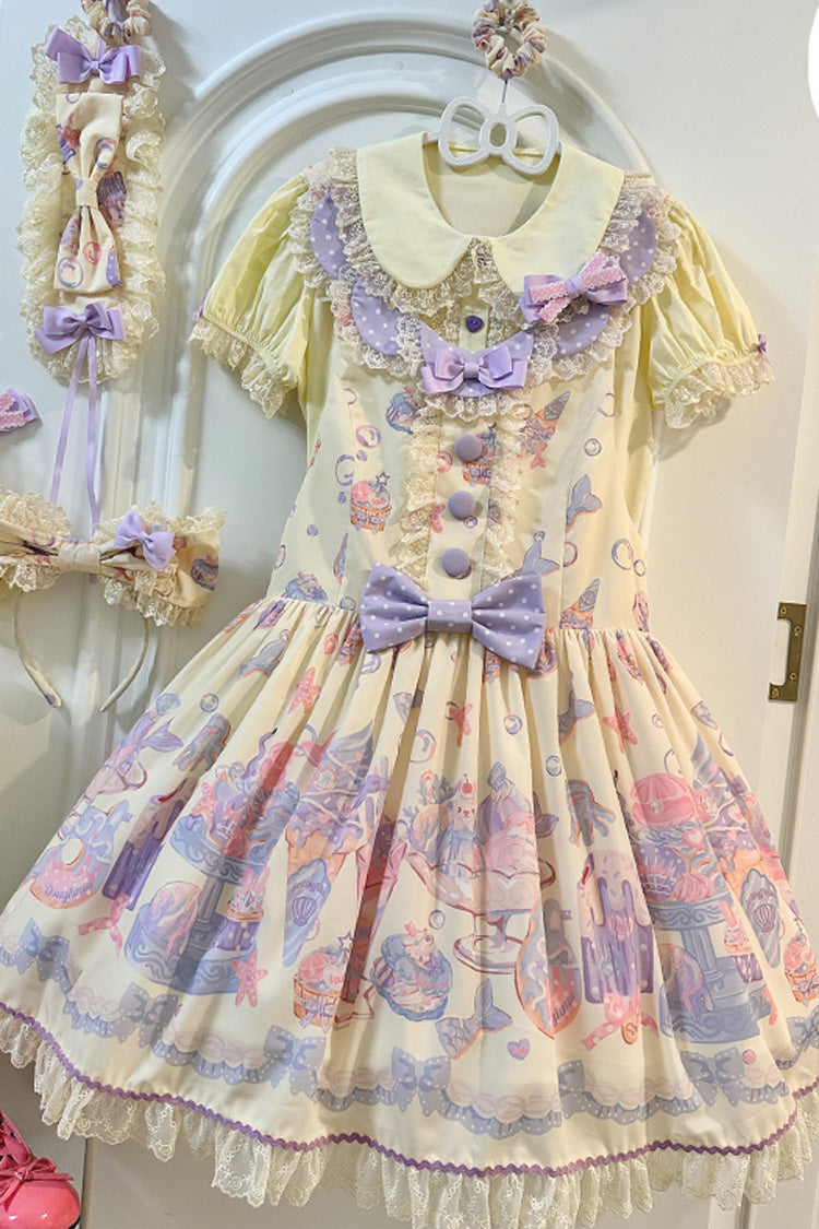 Cream Soda Mermaid Print Light Yellow Bowknot Lace Sweet Lolita Strap Dress