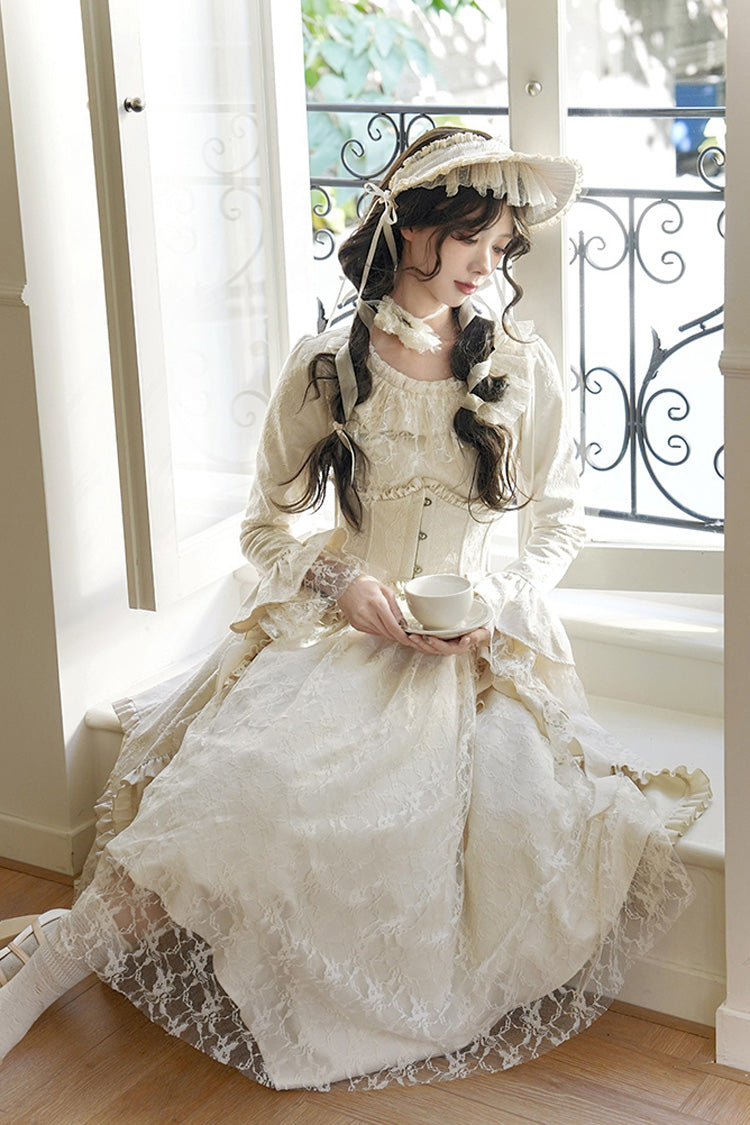 Ivory [White Tea] Long Sleeves Ruffle Bowknot Lace Irregular Classic Princess Lolita Dress