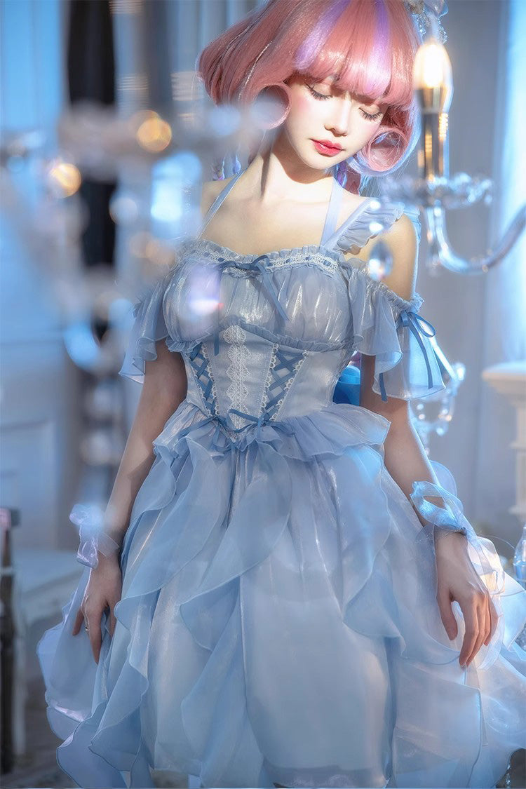 Blue Galaxy Prayer Corset Fishbone Ribbon Sweet Lolita Jsk Dress