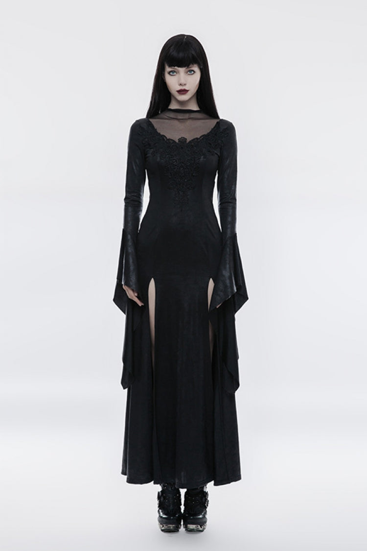 Black Long Trumpet Sleeves Embroidery Women's Gothic Gorgeous Open Forklift High Cross Dress