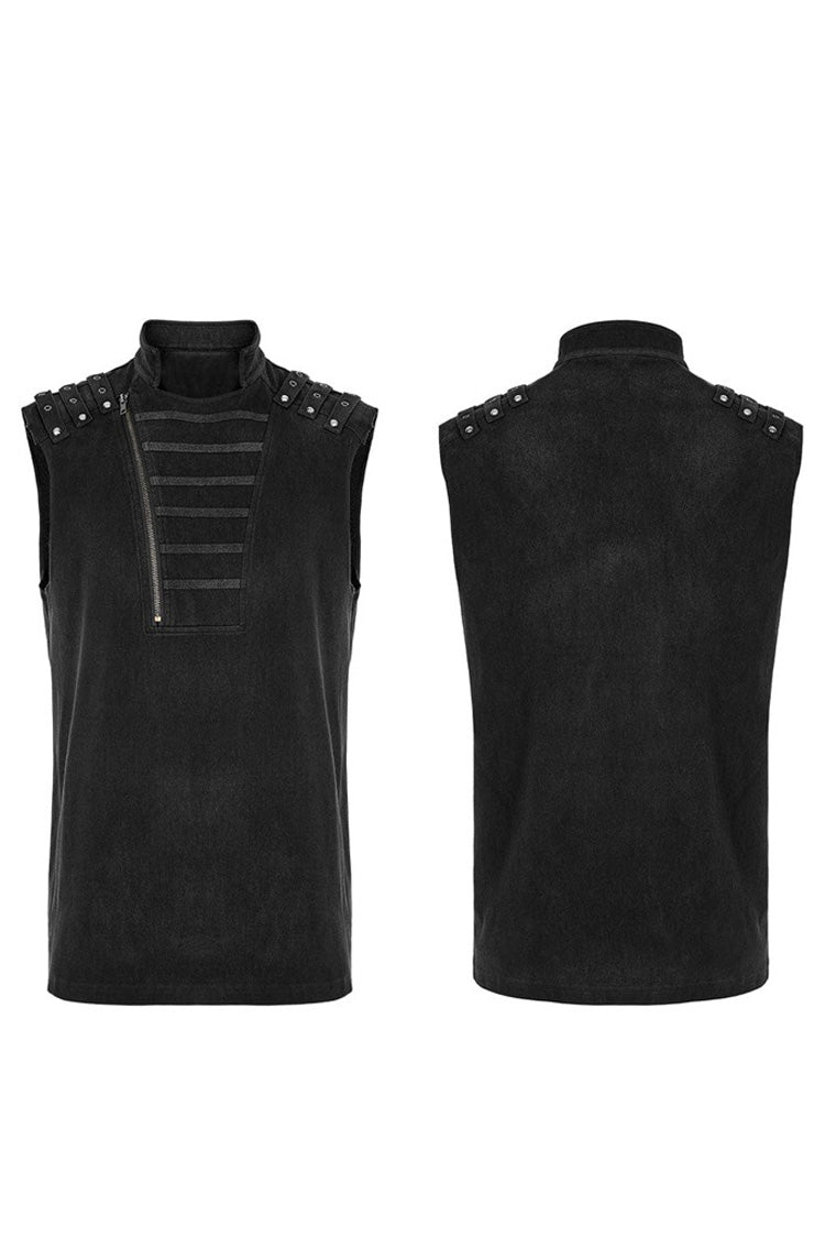 Black Punk Stand Collar Anterior Middle Asymmetry Design Zipper Shoulder Decorate Webbing Men's Vest