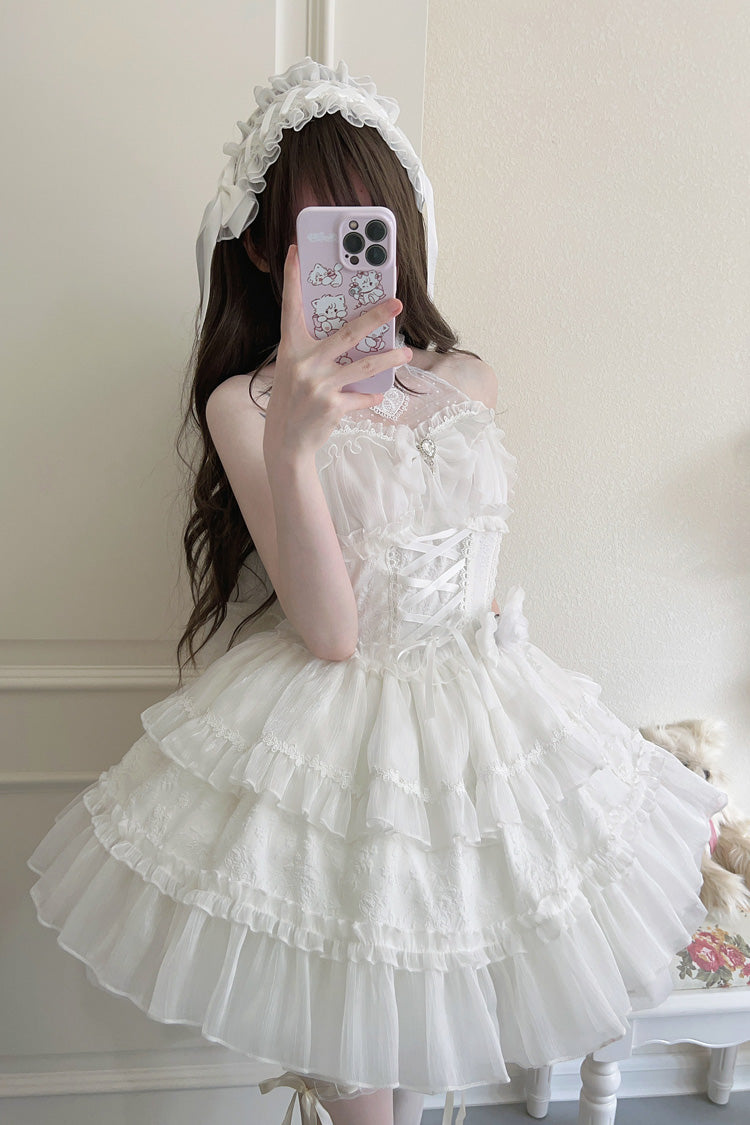 White Halterneck Triple-Layered Bowknot Lace Sweet Lolita Jsk Dress