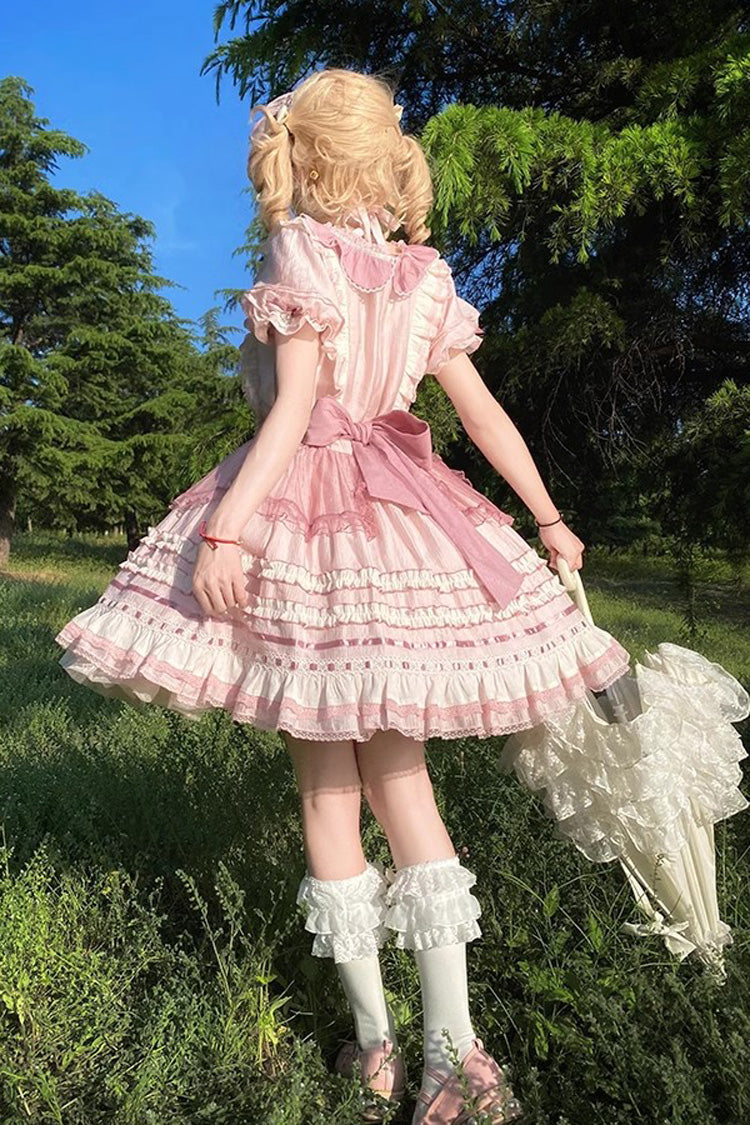 Pink Rabbit Print Sweet Dream Girl Short Sleeves Ruffle Bowknot Stitching Lace Lolita Dress