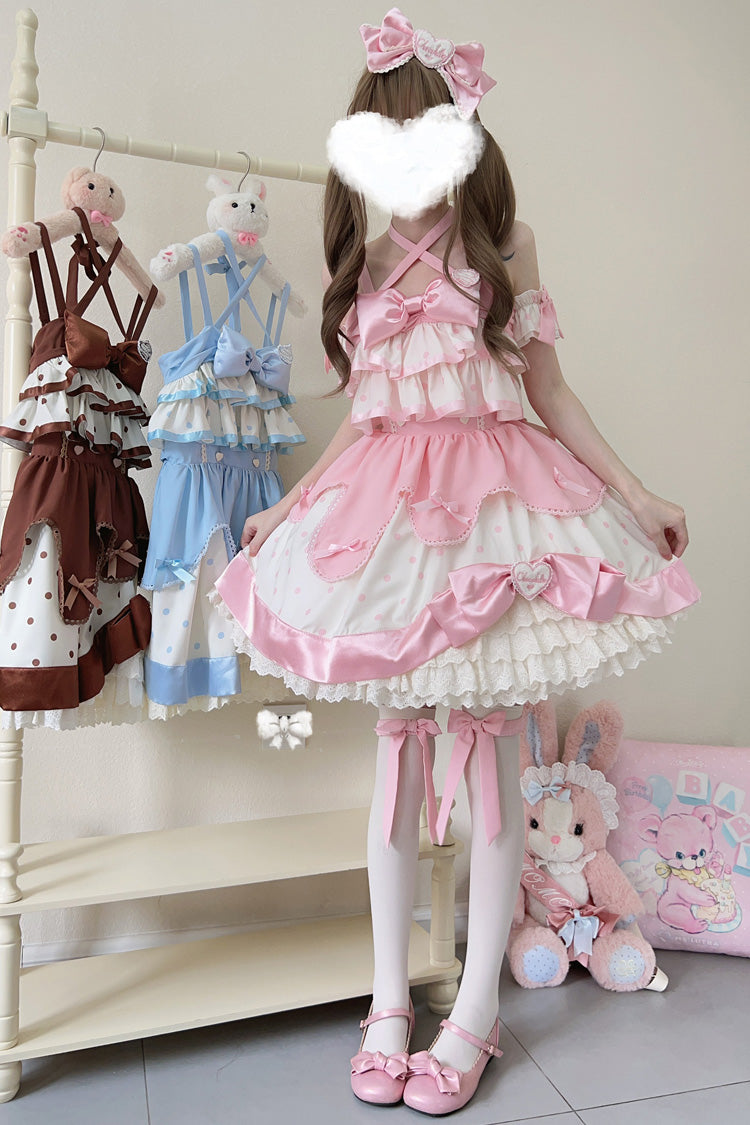 Rosa Creme Mehrlagiges Lolita JSK Kleid mit Tupfenmuster, Rüschen und Schleife