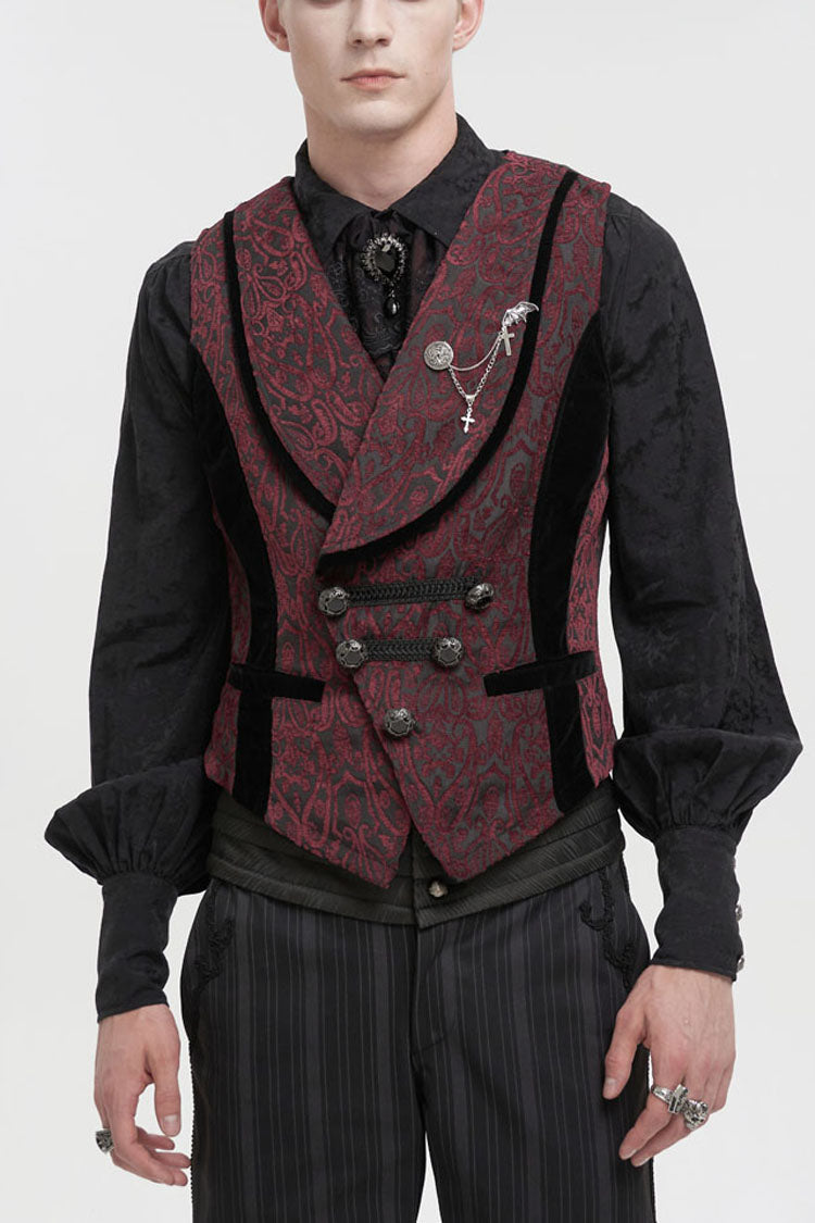 Red Slim Retro Jacquard Chest Metal Chain Cross Men's Gothic Vest