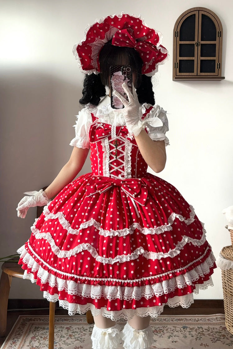 Red Polka Dots Print Ruffle Bowknot Lace-Up Sweet Lolita Dress