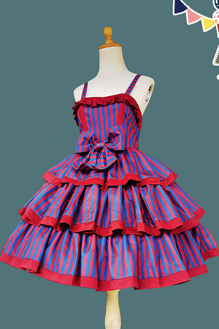 Stripe Print [Cloth Cat] Triple-Layered Ruffle Bowknot Sweet Lolita Dress 4 Colors