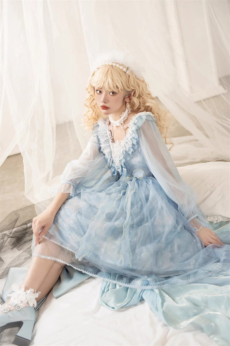 Blaues süßes Lolita-Kleid mit Rüschenspitze und Planeten-Schmetterlings-Print